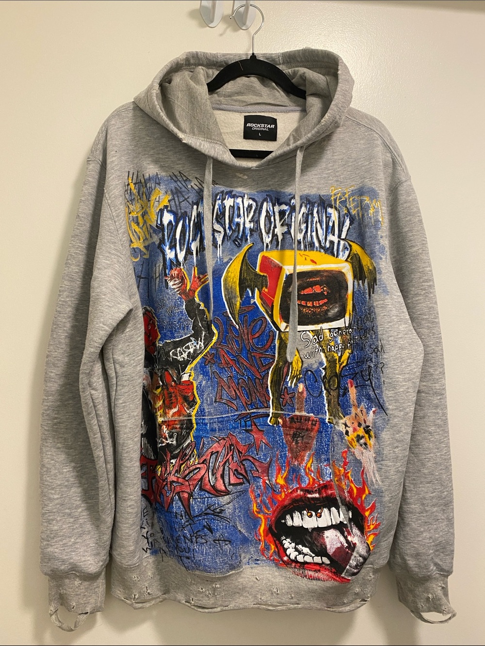 Rockstar Original Gray Long Sleeve Graphic Hoodie - Bold Street Art Print